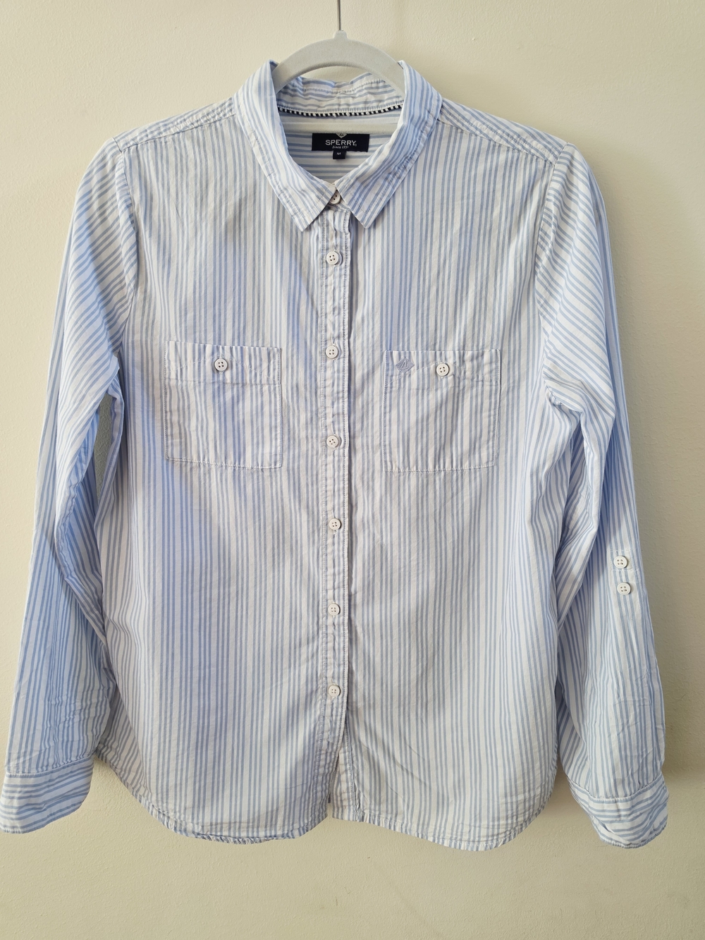 Sperry Women’s Blue and White Striped Button-Down Shirt Size M